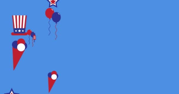 美国国旗的动画和独立日的图标在蓝色背景上移动 爱国主义和庆祝概念数字生成的形象 — 图库视频影像