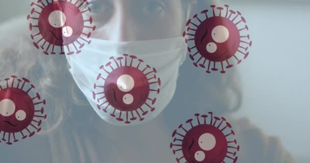 Multiple Covid Cells Moving Portrait Caucasian Woman Wearing Face Mask — Stock Video