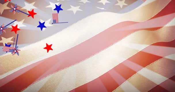 流星和国旗飘扬在美国国旗上的动画 爱国主义和庆祝概念数字生成的形象 — 图库视频影像