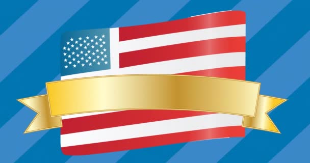 Multiple Colorful Stars Golden Ribbon American Flag Striped Blue Background — Stock Video