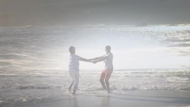Deniz Kenarında Dans Eden Yaşlı Çiftin Üzerine Parlayan Işığın Animasyonu — Stok video