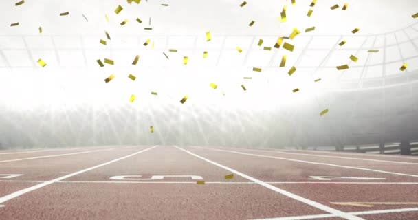 Digitale Animatie Van Gouden Confetti Vallen Tegen Sportstadion Achtergrond Sport — Stockvideo
