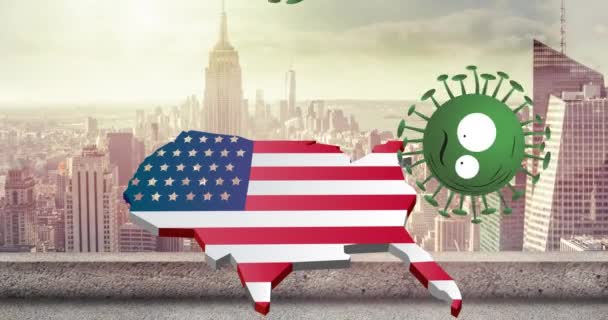 Animation Coronavirus Cells Usa Map Coloured American Flag Cityscape Background — Stock Video