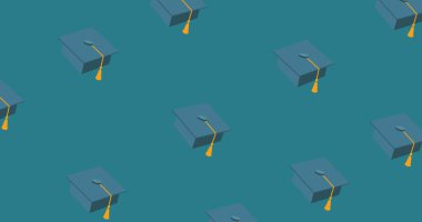 Composition of mortarboards floating on mid blue background. school, education and study concept digitally generated image.