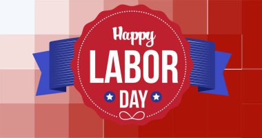 Composition of happy labor day text on badge with american flag on pixelated background. patriotism, independence and celebration concept digitally generated image.