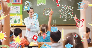 Okulda öğretmen ve çocukların el kaldırması üzerine ilgili öğelerin kompozisyonu. okul, eğitim ve öğrenim konsepti dijital olarak oluşturulmuş imaj.