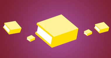 Composition of yellow books floating on dark pink background. school, education and study concept digitally generated image.