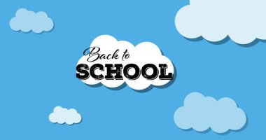 Mavi bulutlu gökyüzünde beyaz bulut üzerine siyah metinle okula dönüş kompozisyonu. okul, eğitim ve öğrenim konsepti dijital olarak oluşturulmuş imaj.