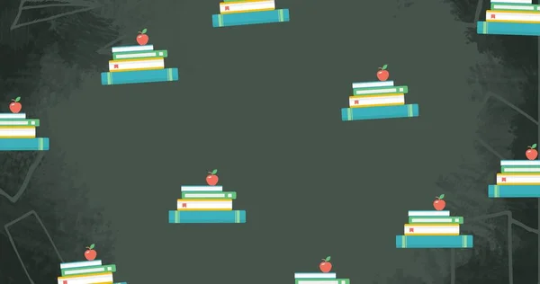 Composition Stacked Schoolbooks Apple Chalkboard Background School Education Study Concept — Fotografia de Stock