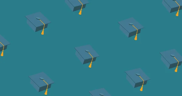 Composition Mortarboards Floating Mid Blue Background School Education Study Concept — Stok fotoğraf