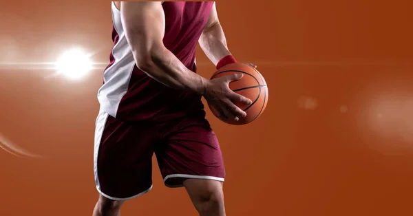 Mid Section Male Basketball Player Holding Basketball Spot Light Orange — Stock Photo, Image