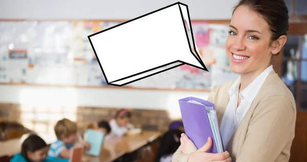 Komposisi Guru Sekolah Perempuan Kelas Dengan Gelembung Pidato Kartun Kosong — Stok Foto