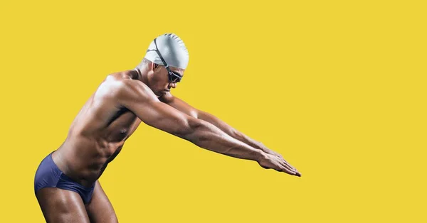 Composition Male Swimmer Copy Space Isolated Yellow Background Sports Competition — Stock Photo, Image