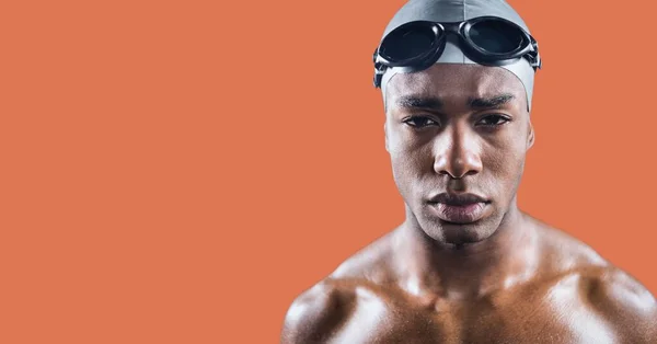 男性游泳运动员的组成 其复制空间与橙色背景隔离 体育与竞争概念数字生成的图像 — 图库照片
