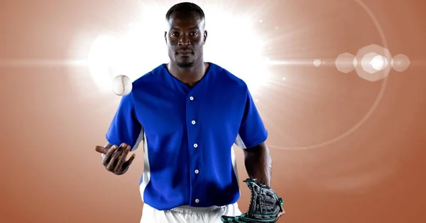 African American Male Baseball Pitcher Tossing Ball Air Spot Light — Stock Photo, Image