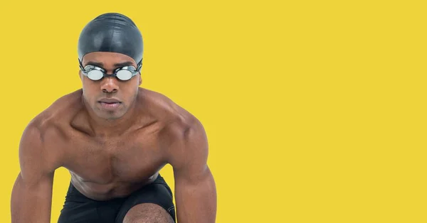 男游泳运动员的组成 复制空间隔离在黄色背景上 体育与竞争概念数字生成的图像 — 图库照片