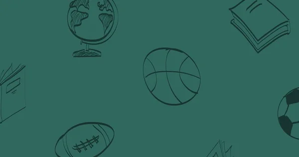 Composition Black Line Drawings Sports Balls Globe Books Green Chalkboard — Stock Photo, Image