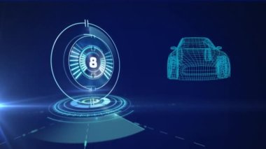 3D araba çiziminin animasyonu, geri sayım ve veri işleme ile tarama. küresel teknoloji, araba endüstrisi, veri işleme ve dijital arayüz kavramı dijital olarak oluşturulmuş video.