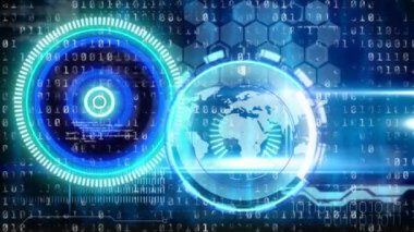 Kapsam taraması ve veri işleme ile ikili kodlama animasyonu. küresel teknoloji, veri işleme ve dijital arayüz kavramı dijital olarak oluşturulmuş video.