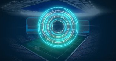 Spor stadyumundaki tarama ve veri işleme dürbünlerinin animasyonu. global spor, rekabet teknolojisi ve dijital arayüz konsepti dijital olarak oluşturulmuş video.