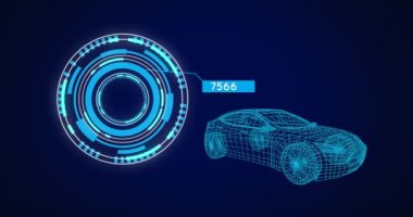 3D araba çizimi, tarama ve veri işleme animasyonları. küresel teknoloji, veri işleme ve dijital arayüz kavramı dijital olarak oluşturulmuş video.