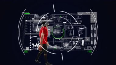 Amerikan futbolcuyla dürbün tarama ve veri işleme animasyonları. global spor, rekabet teknolojisi ve dijital arayüz konsepti dijital olarak oluşturulmuş video.