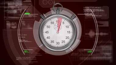 Kronometre üzerinden dijital veri işleme animasyonu. küresel spor, rekabet ve dijital arayüz kavramı dijital olarak oluşturulmuş video.
