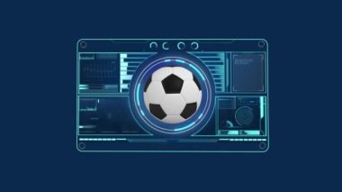 Futbol üzerinden tarama ve veri işleme dürbünlerinin animasyonu. global spor, rekabet teknolojisi ve dijital arayüz konsepti dijital olarak oluşturulmuş video.