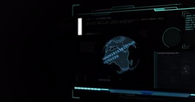 Ekranda sayılı dünya animasyonu, tarama ve veri işlemesi. küresel teknoloji, veri işleme ve dijital arayüz kavramı dijital olarak oluşturulmuş video.