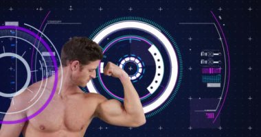 Geniş kapsamlı tarama ve veri işleme ile güçlü kaslı adamın animasyonu. global spor, rekabet, teknoloji, veri işleme ve dijital arayüz kavramı dijital olarak oluşturulmuş video.