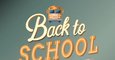 Animation of back to school bargains text with school bus and pencil logo scrolling on grey. school, education and study concept digitally generated video.