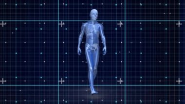 Animation of human walking over markers moving on grid. global medicine, research, technology, data processing and digital interface concept digitally generated video.