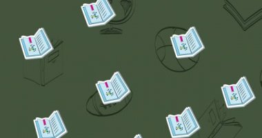 Animation of repeated textbooks moving over sports ball and book doodles on green chalkboard. school, education and study concept digitally generated video.