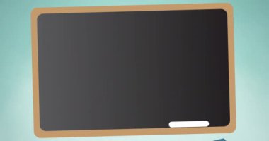 Animation of back to school text on chalkboard with cartoon schoolboy and mortarboard. school, education and study concept digitally generated video.