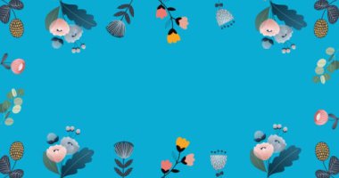 Mavi arka planda kopya alanı ile hipnoz halinde hareket eden çiçeklerin animasyonu. renk, doğa, model ve hareket konsepti dijital olarak oluşturulmuş video.