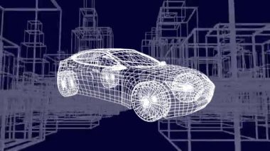 3D araba çizimi ve hareketli şehir çizimi animasyonu. küresel teknoloji, araba endüstrisi, işleme ve dijital arayüz kavramı dijital olarak oluşturulmuş video.