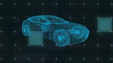 3D araba çiziminin animasyonu ve şebekede arızalı veri işlemesi. küresel teknoloji, veri işleme ve dijital arayüz kavramı dijital olarak oluşturulmuş video.