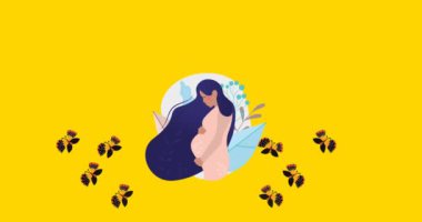 Sarı arka planda hipnotik hareket eden hamile kadın ve kelebeklerin animasyonu. annelik, hamilelik, renk, doğa, model ve hareket konsepti dijital olarak oluşturulmuş video.