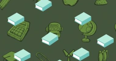 Yeşil karatahtadaki yeşil okul eşyalarının üzerinde hareket eden tekrarlanan mavi kitapların animasyonu. okul, eğitim ve öğrenim konsepti dijital olarak oluşturulmuş video.