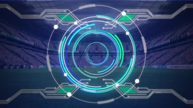 Spor stadyumundaki tarama ve veri işleme dürbünlerinin animasyonu. global spor, rekabet teknolojisi ve dijital arayüz konsepti dijital olarak oluşturulmuş video.