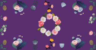 Mor arka planda hipnotik hareket eden çiçeklerin animasyonu. renk, doğa, model ve hareket konsepti dijital olarak oluşturulmuş video.