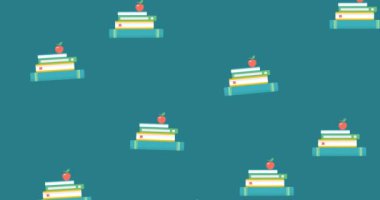 Mavi arkaplanda hareket eden elmalı kitap yığınlarının animasyonu. okul, eğitim ve öğrenim konsepti dijital olarak oluşturulmuş video.