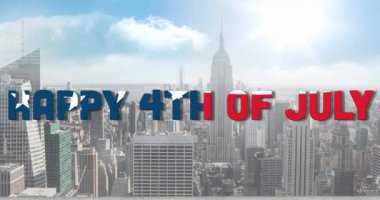 Şehir manzarası üzerinden 4 Temmuz metninin animasyonu. Amerikan vatanseverliği, bağımsızlık ve kutlama konsepti dijital olarak oluşturulmuş video.