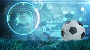 Futbol ve spor stadyumlarında tarama ve veri işleme dürbünlerinin animasyonu. global spor, rekabet teknolojisi ve dijital arayüz konsepti dijital olarak oluşturulmuş video.
