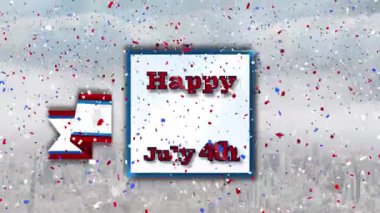 Bağımsızlık Günü 'nün 4 Temmuz' unun animasyonu konfeti ve şehir manzarası üzerine yazılmış. Amerikan vatanseverliği, bağımsızlık ve kutlama konsepti dijital olarak oluşturulmuş video.