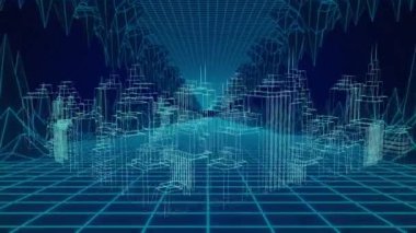3D mimari şehrin animasyonu ızgara üzerinde dönüyor. küresel mimari, teknoloji, veri işleme ve dijital arayüz kavramı dijital olarak oluşturulmuş video.
