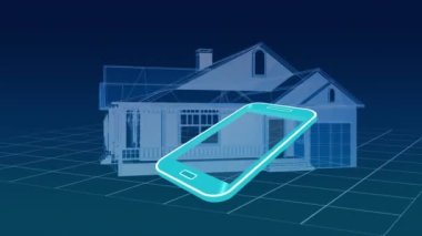 Spin House 'un üzerinde simge ağı olan akıllı telefon animasyonu. küresel iç tasarım, özellik, mimari, teknoloji, veri işleme ve dijital arayüz kavramı dijital olarak oluşturulmuş video.