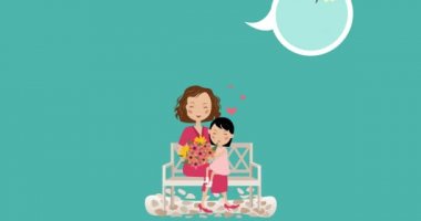 Konuşma balonu üzerinde anne ve çocuğun animasyonu. Kopya alanı ve hipnotik hareketlerle hareket eden çiçekler. Anneler Günü kutlaması, perakende satış ve tasarruf konsepti dijital olarak oluşturuldu.