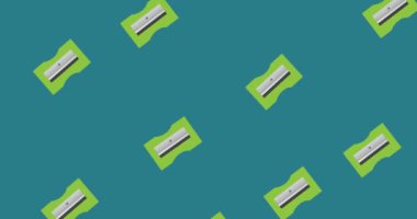 Mavi arka planda hareket eden tekrarlanan yeşil kalemtraşların canlandırması. okul, eğitim ve öğrenim konsepti dijital olarak oluşturulmuş video.