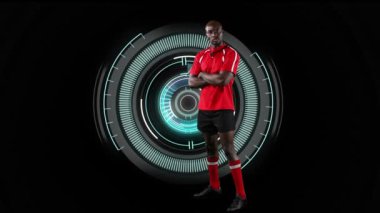 Afrika kökenli Amerikalı futbolcunun animasyon filmi. küresel spor, rekabet ve dijital arayüz kavramı dijital olarak oluşturulmuş video.